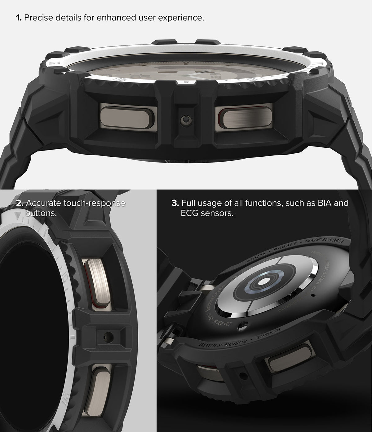 Galaxy Watch 5 Pro 45mm Case + Band | Fusion-X Guard - Close-up views of the rugged black case showing buttons and sensors.