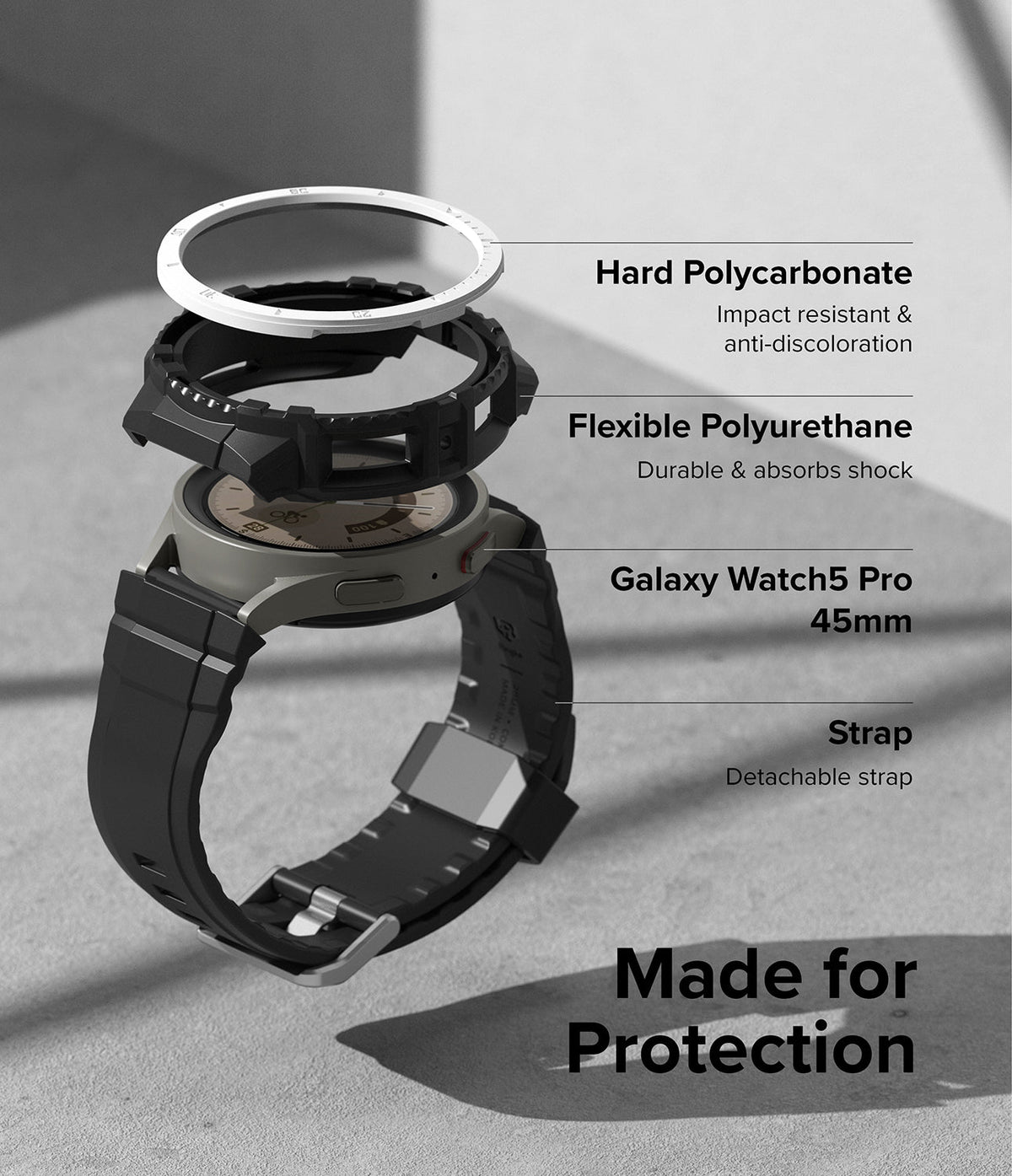 Galaxy Watch 5 Pro (45mm) Case | Fusion-X - Exploded view of watch case layers, strap, and watch body with labels.