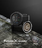 Galaxy Watch 5 Pro 45mm Case + Band | Fusion-X Guard - Two rugged black smartwatches with protective cases on a log.