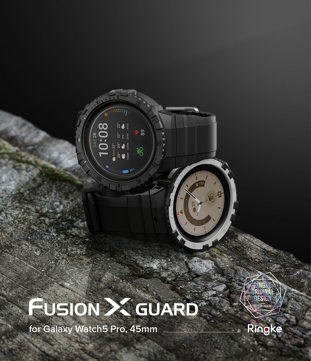 Galaxy Watch 5 Pro 45mm Case + Band | Fusion-X Guard - Two rugged black smartwatches stacked on a textured rock surface.