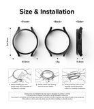 Galaxy Watch 5 Pro Case | Slim - Technical diagram showing dimensions, weight, and three-step installation guide for the case.