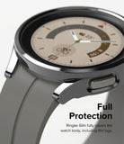 Galaxy Watch 5 Pro Case | Slim - Close-up of a sleek black protective case on a Galaxy Watch 5 Pro with a grey strap.