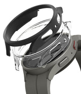 Galaxy Watch 5 Pro Case | Slim - Exploded view of a matte black and clear protective case hovering over a grey smartwatch.