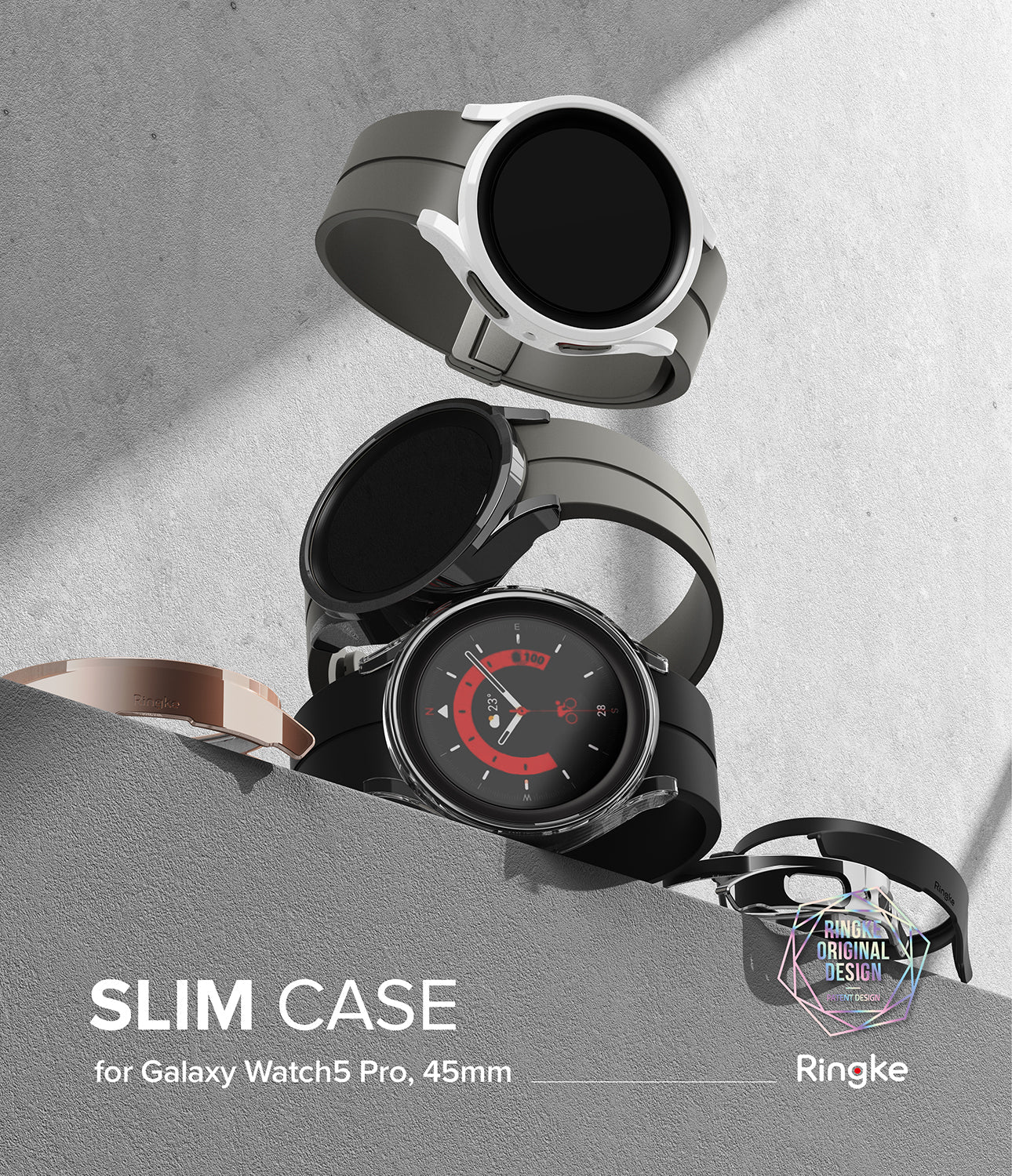Galaxy Watch 5 Pro Case | Slim - Three Galaxy Watch 5 Pro smartwatches with slim protective cases in white, black, and rose gold.