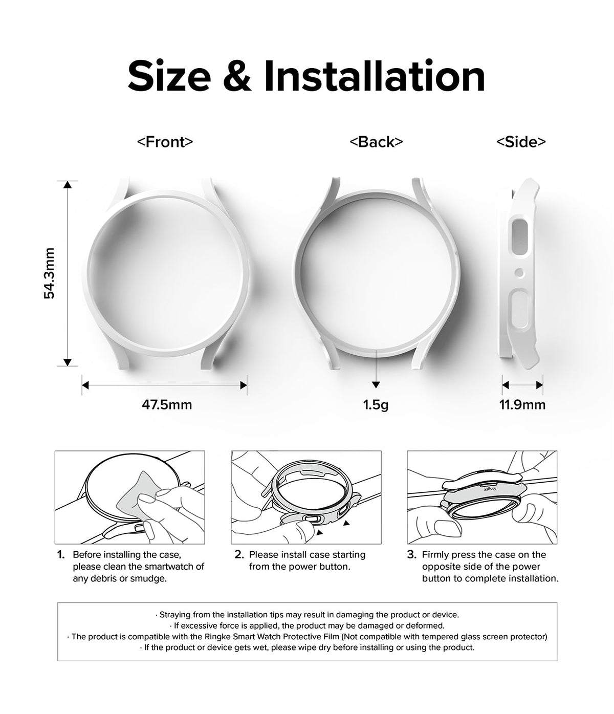 Galaxy Watch 5 Pro Case | Slim - Technical diagram showing dimensions, weight, and three-step installation instructions.