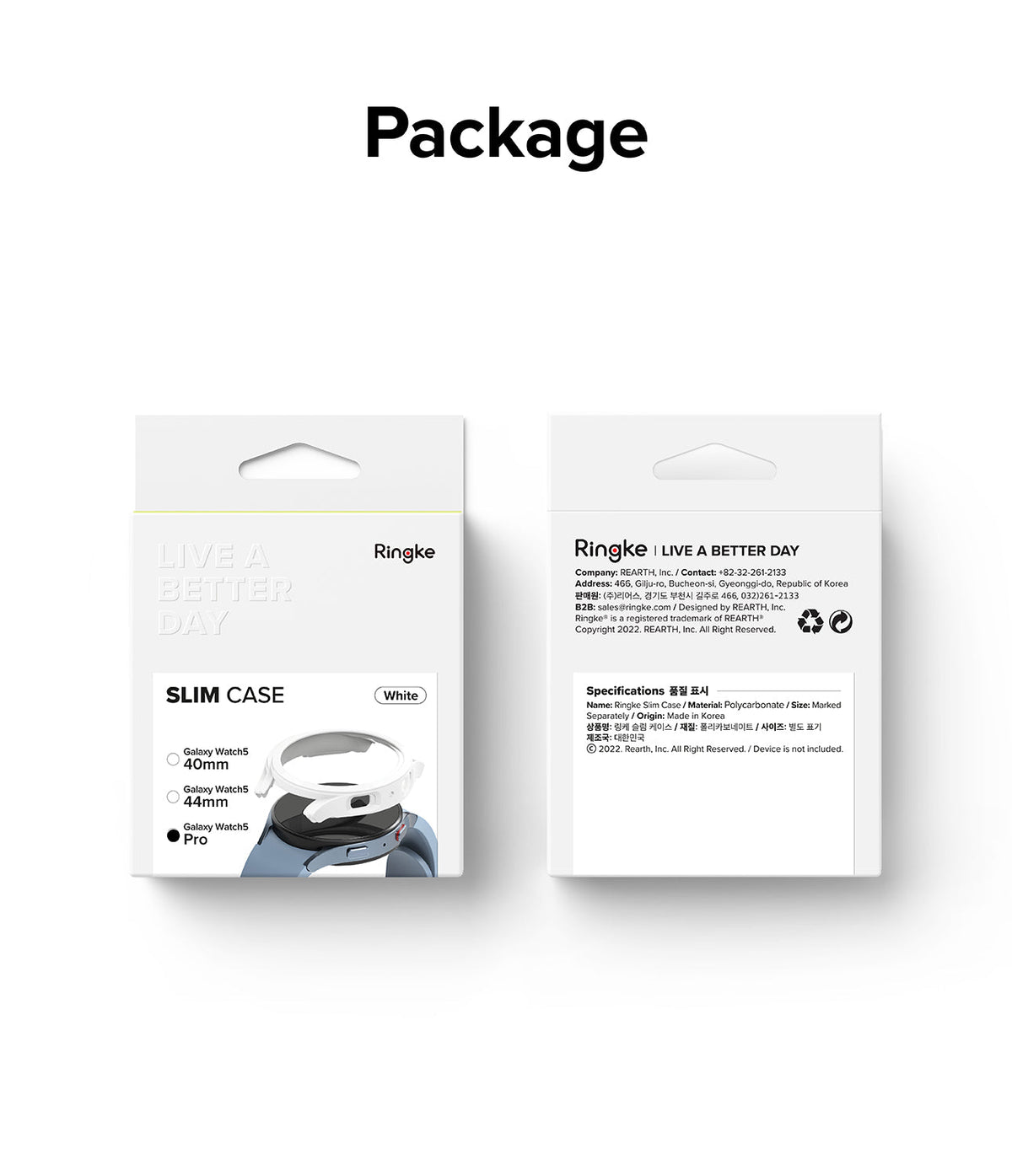 Galaxy Watch 5 Pro Case | Slim - Front and back view of white Ringke slim case packaging for Galaxy Watch 5 Pro.