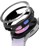 Galaxy Watch 5 40mm | Air Sports Black + Bezel Styling - Exploded view of a smartwatch with a black bezel and tachymeter.