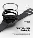 Galaxy Watch 5 40mm | Air Sports Black + Bezel Styling - Exploded view of watch, protective case, and bezel ring.