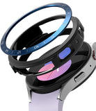 Galaxy Watch 5 40mm | Air Sports Black + Bezel Styling - Exploded view of a blue bezel and black case over a smartwatch.