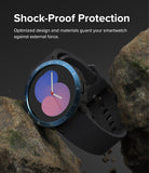 Galaxy Watch 5 40mm | Air Sports Black + Bezel Styling - Black smartwatch with blue bezel between two rugged rocks.