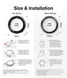 Galaxy Watch 5 44mm | Air Sports Black + Bezel Styling - Installation guide showing dimensions and 6 steps for applying watch accessories.