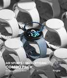 Galaxy Watch 5 44mm | Air Sports Black + Bezel Styling - Blue watch band and bezel ring hovering over a Galaxy Watch 5.