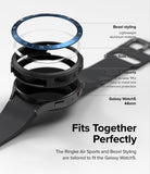 Galaxy Watch 5 44mm | Air Sports Black + Bezel Styling - Exploded view of watch case, adhesive, and blue bezel ring.