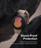 Galaxy Watch 5 40mm Case | Air Sports - Pink smartwatch in a black protective case nestled between jagged dark rocks.