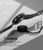 Galaxy Watch 5 40mm Case | Air Sports - Black watch case on a wireless charger with text about charging compatibility.