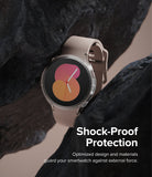 Galaxy Watch 5 40mm Case | Air Sports - Rose gold smartwatch with clear protective case nestled between dark rocks.