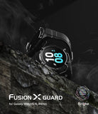 Galaxy Watch 5 / 4 (44mm) Case + Band + Wire | Fusion-X Guard - Rugged black smartwatch case on a rocky ledge with smoke.