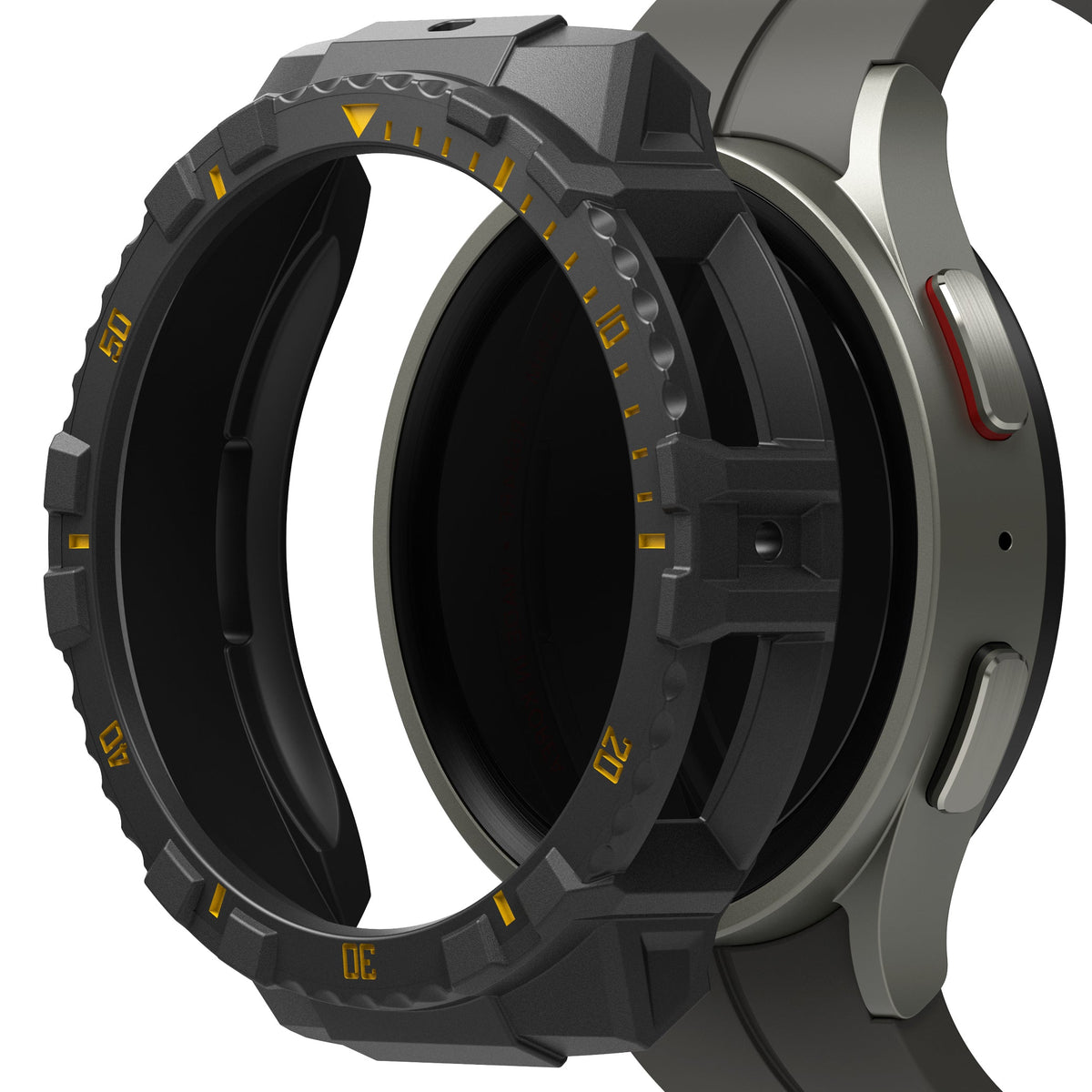 Galaxy Watch 5 Pro (45mm) Case | Fusion-X - Rugged black protective bezel cover hovering over a Galaxy Watch 5 Pro.