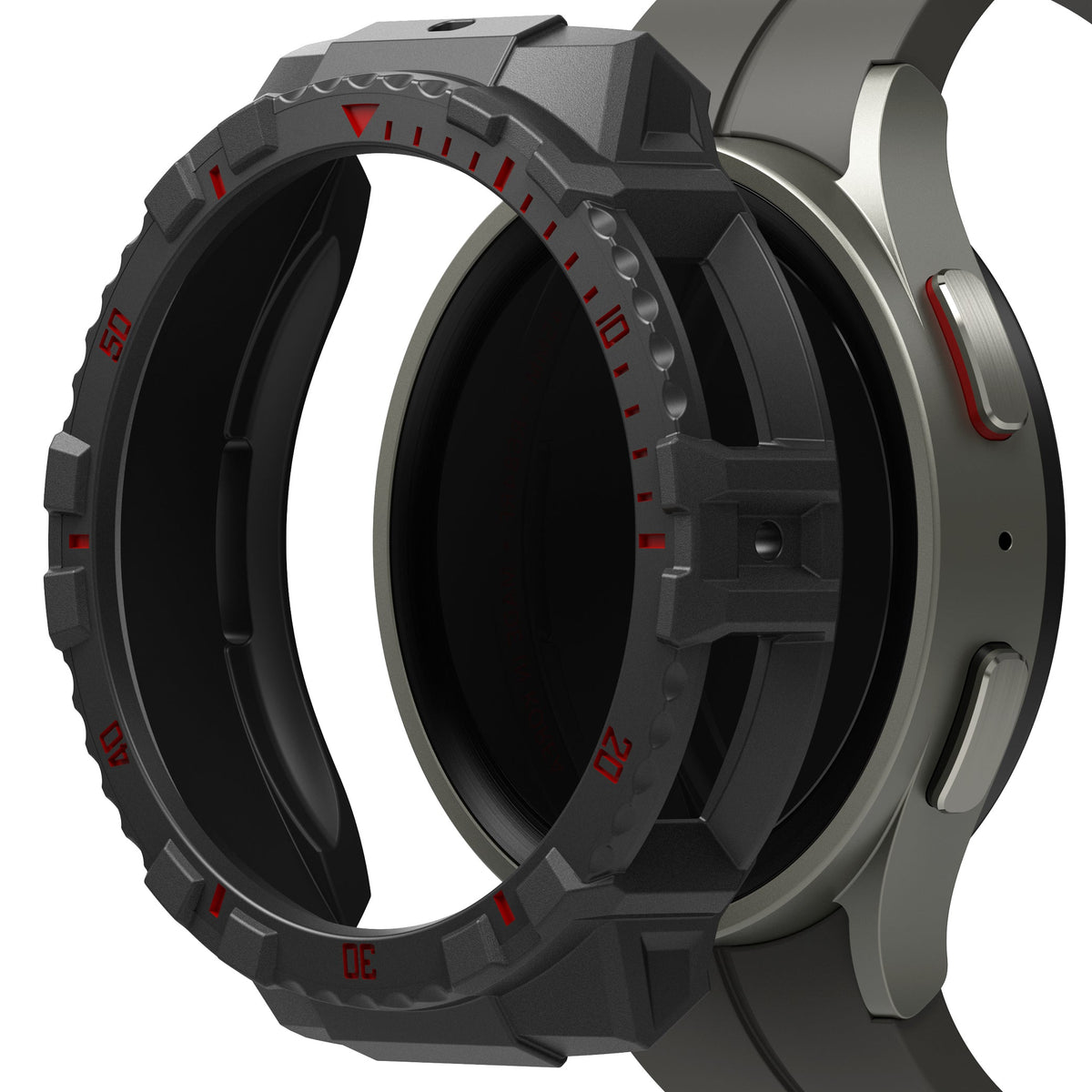 Galaxy Watch 5 Pro (45mm) Case | Fusion-X - Rugged black protective bezel cover hovering over a Galaxy Watch 5 Pro.