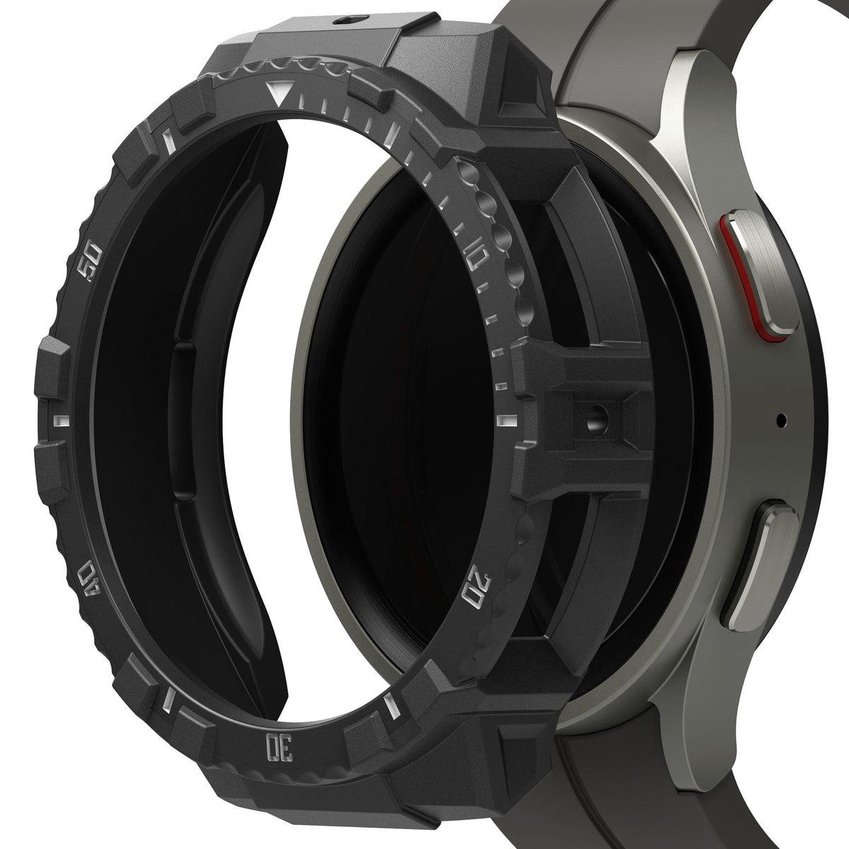 Galaxy Watch 5 Pro (45mm) Case | Fusion-X - Rugged black protective bezel hovering over a Galaxy Watch 5 Pro.