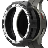 Galaxy Watch 5 Pro (45mm) Case | Fusion-X - Rugged black and white protective bezel cover hovering over a Galaxy Watch 5 Pro.