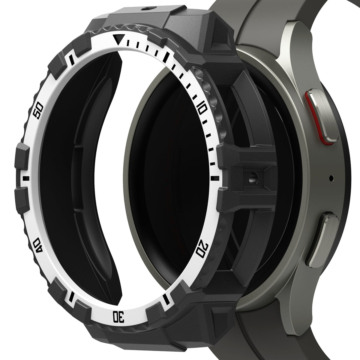 Galaxy Watch 5 Pro (45mm) Case | Fusion-X - Rugged black and white protective bezel cover hovering over a Galaxy Watch 5 Pro.