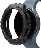Galaxy Watch 5 / 4 (44mm) Case | Fusion-X - Rugged black protective bezel cover with red accents hovering over a blue smartwatch.