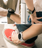 Galaxy Watch 5 (40mm) Case | Slim - Three views of a slim watch case in matte black, clear, and white worn on wrists.