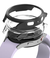 Galaxy Watch 5 (40mm) Case | Slim - Exploded view of a black protective case hovering over a smartwatch with a lavender band.