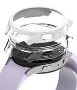 Galaxy Watch 5 (40mm) Case | Slim - Exploded view showing a white protective case, clear case, and a lavender smartwatch.