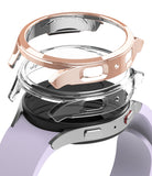 Galaxy Watch 5 (40mm) Case | Slim - Exploded view of a rose gold and clear protective case hovering over a smartwatch.