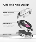 Galaxy Watch 5 44mm Case | Slim - Exploded view of a clear watch case highlighting polycarbonate, 0.8mm thickness, and cutouts.