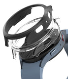 Galaxy Watch 5 44mm Case | Slim - Exploded view of a clear protective case hovering above a blue Galaxy Watch 5.