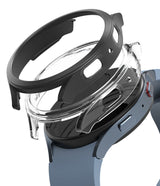 Galaxy Watch 5 44mm Case | Slim - Exploded view of a clear protective case hovering above a blue Galaxy Watch 5.