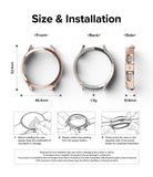 Galaxy Watch 5 44mm Case | Slim - Dimensions and three-step installation guide for a rose gold smartwatch protective case.