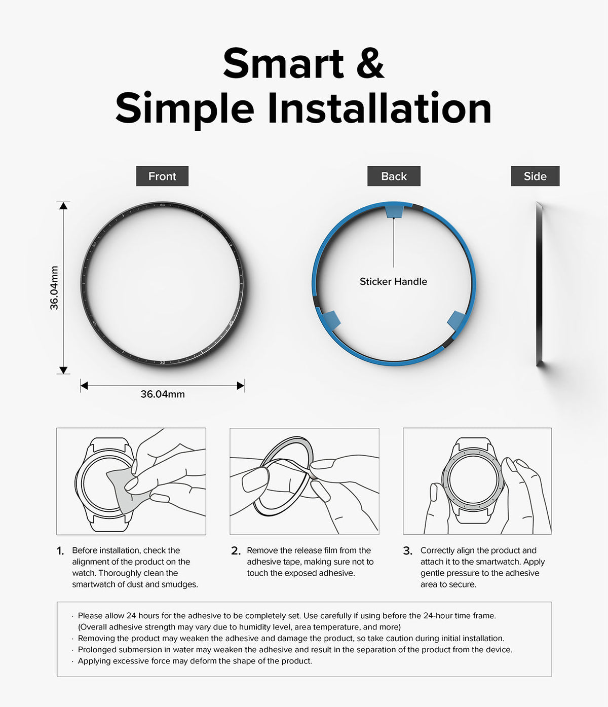 Galaxy Watch 6 Classic 43mm | Inner Bezel Styling - Installation guide showing bezel dimensions and three-step application.