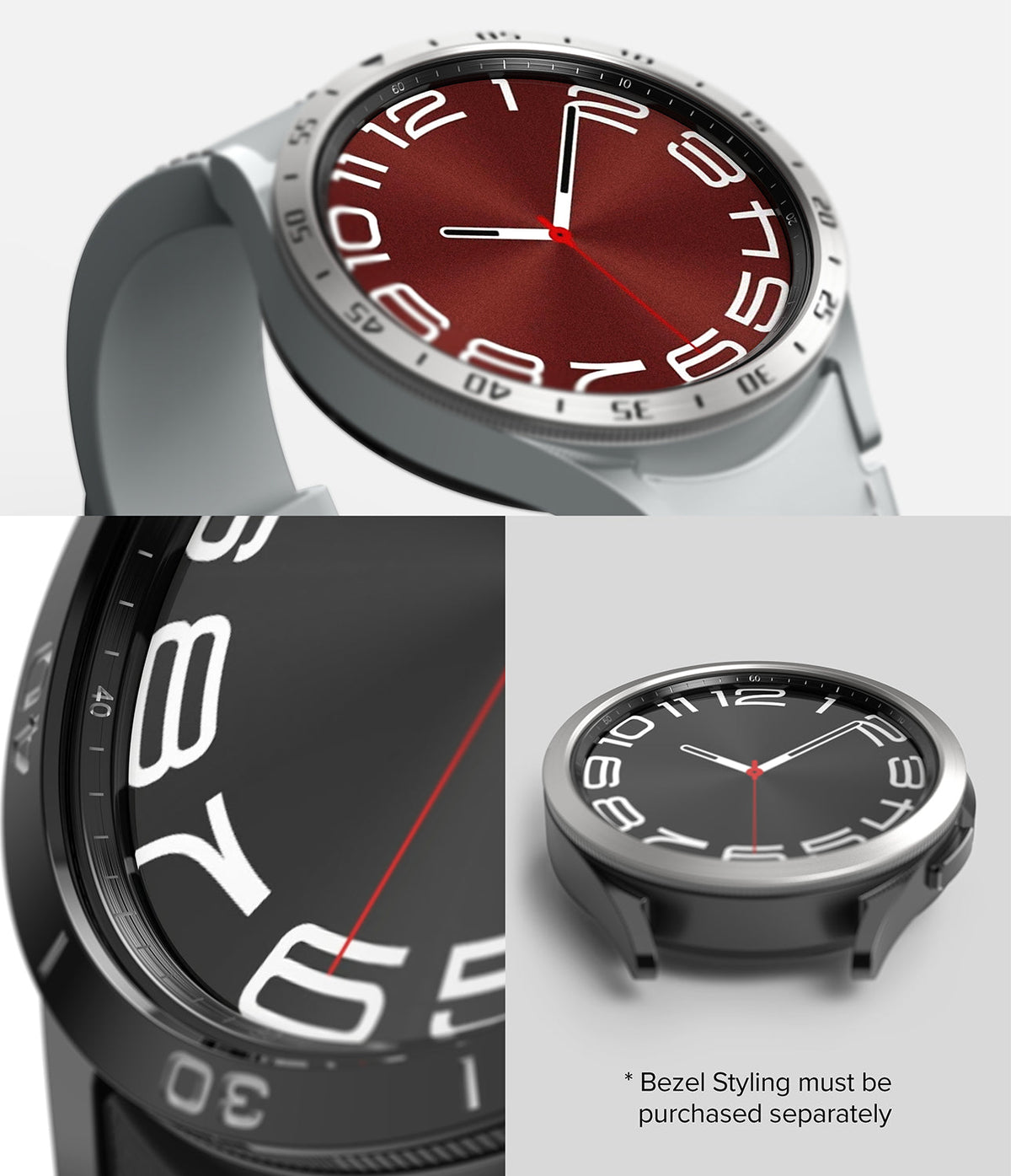 Galaxy Watch 6 Classic 43mm | Inner Bezel Styling - Close-up views of silver and black watch faces with numeric bezels.