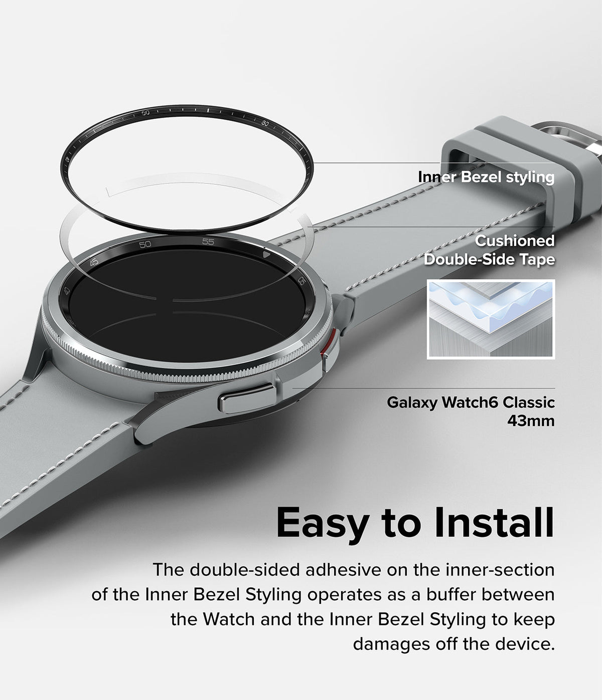 Galaxy Watch 6 Classic 43mm | Inner Bezel Styling - Exploded view of bezel styling, adhesive tape, and watch body.