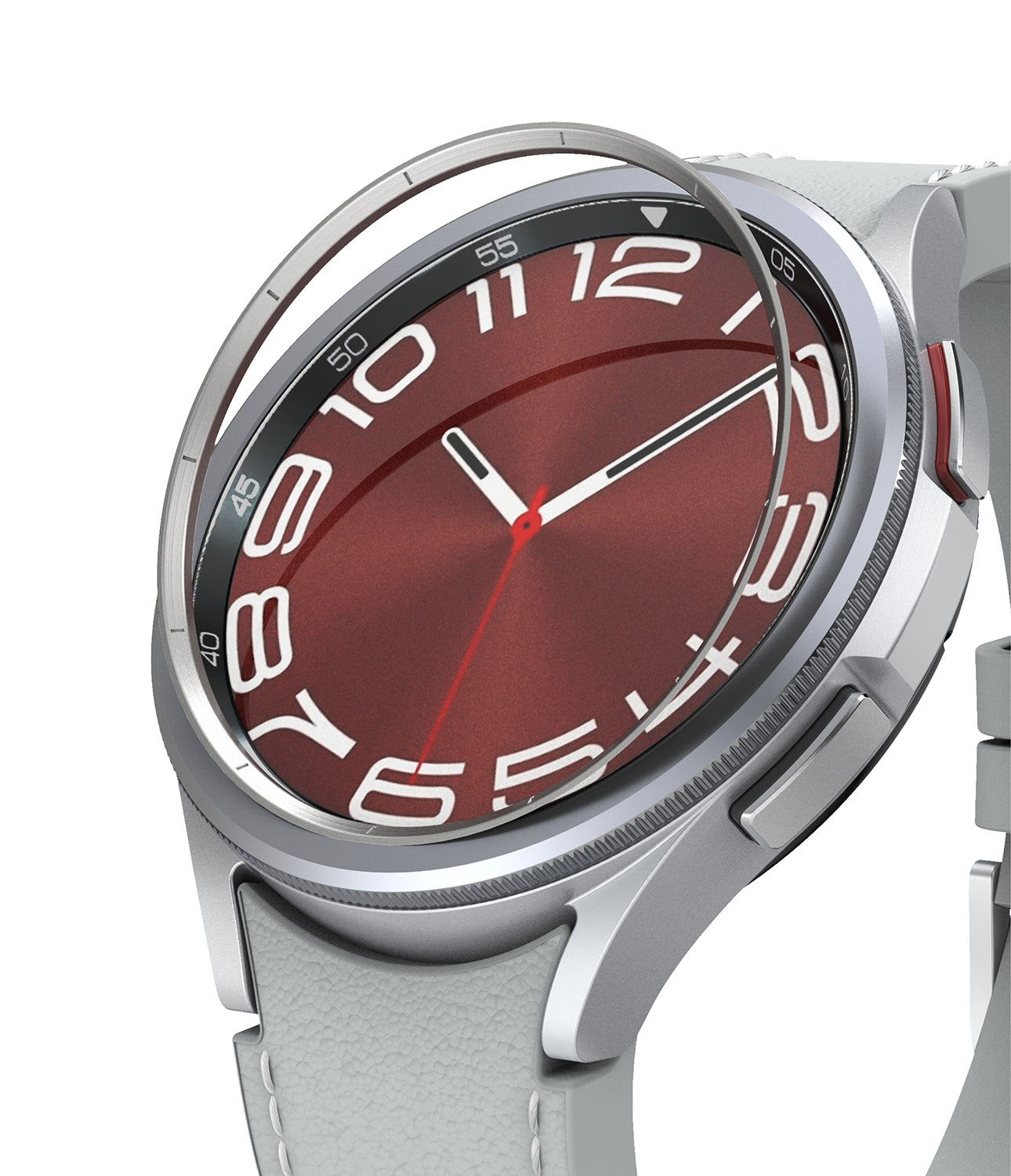 Galaxy Watch 6 Classic 43mm | Inner Bezel Styling - A silver smartwatch with a red watch face and a floating metal bezel ring.