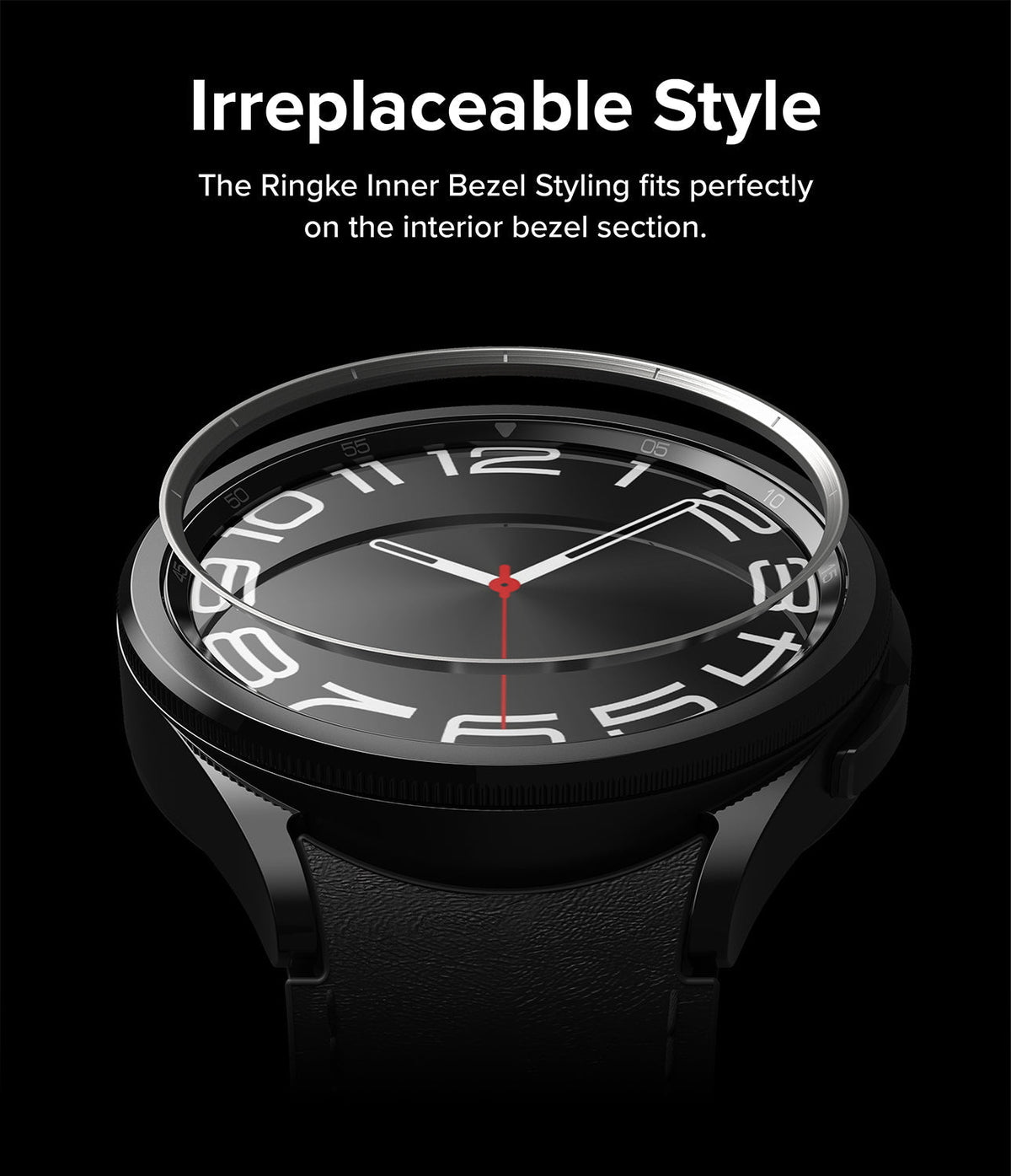 Galaxy Watch 6 Classic 43mm | Inner Bezel Styling - A metallic ring hovering above a black smartwatch face with white numerals.