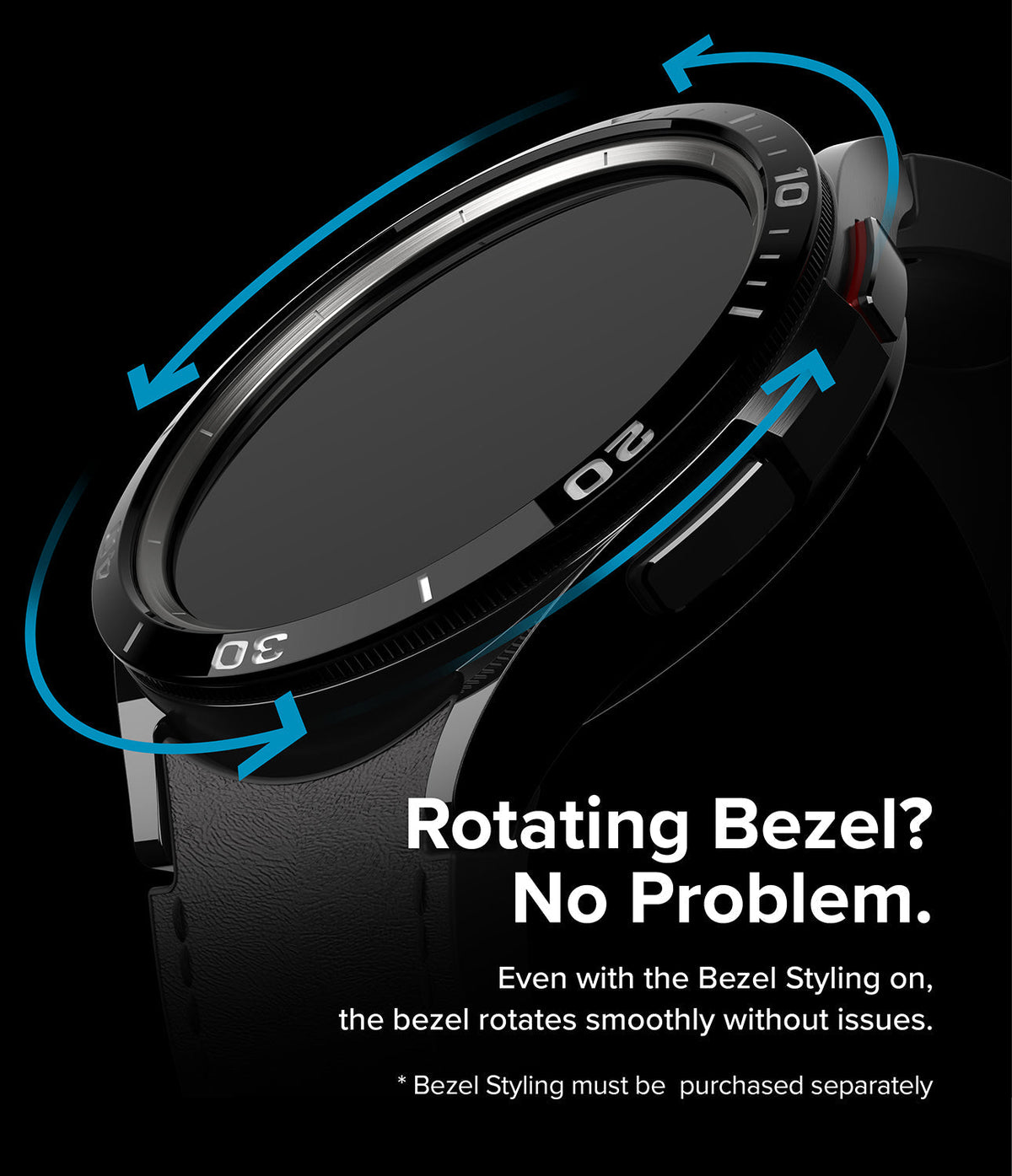 Galaxy Watch 6 Classic 43mm | Inner Bezel Styling - Close-up of a black smartwatch with blue arrows showing bezel rotation.