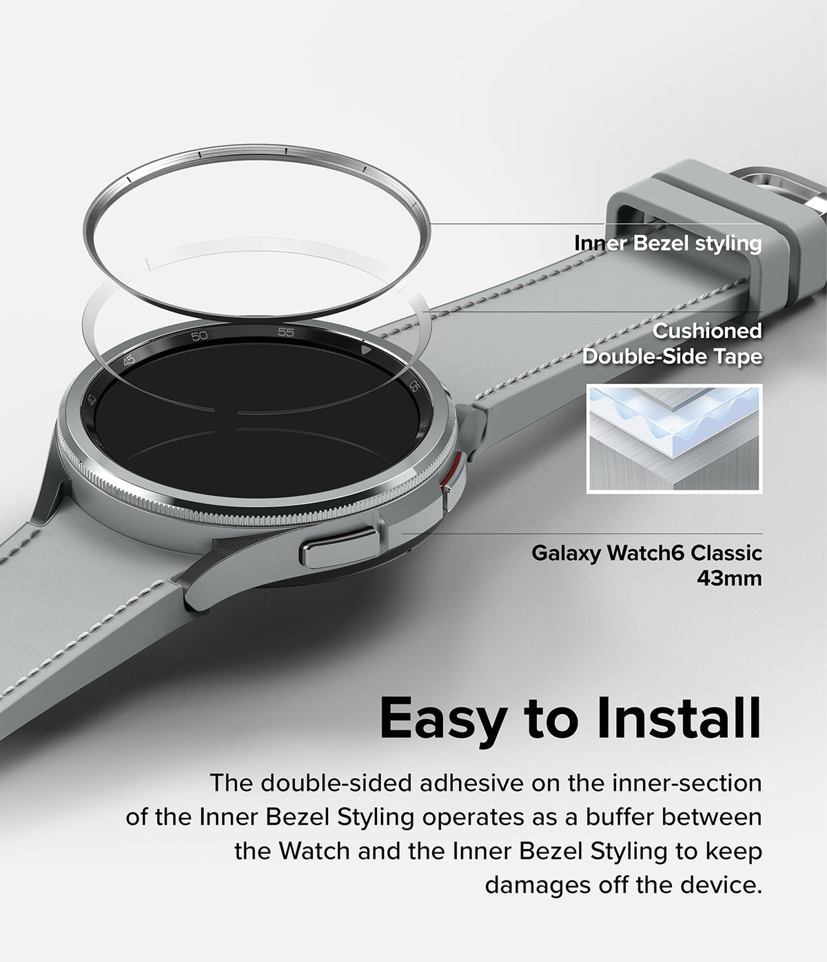 Galaxy Watch 6 Classic 43mm | Inner Bezel Styling - Exploded view of a watch bezel accessory with adhesive tape.