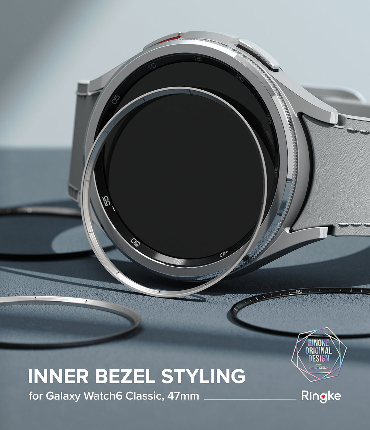 Galaxy Watch 6 Classic 47mm | Inner Bezel Styling - Silver inner bezel ring being applied to a Galaxy Watch 6 Classic.