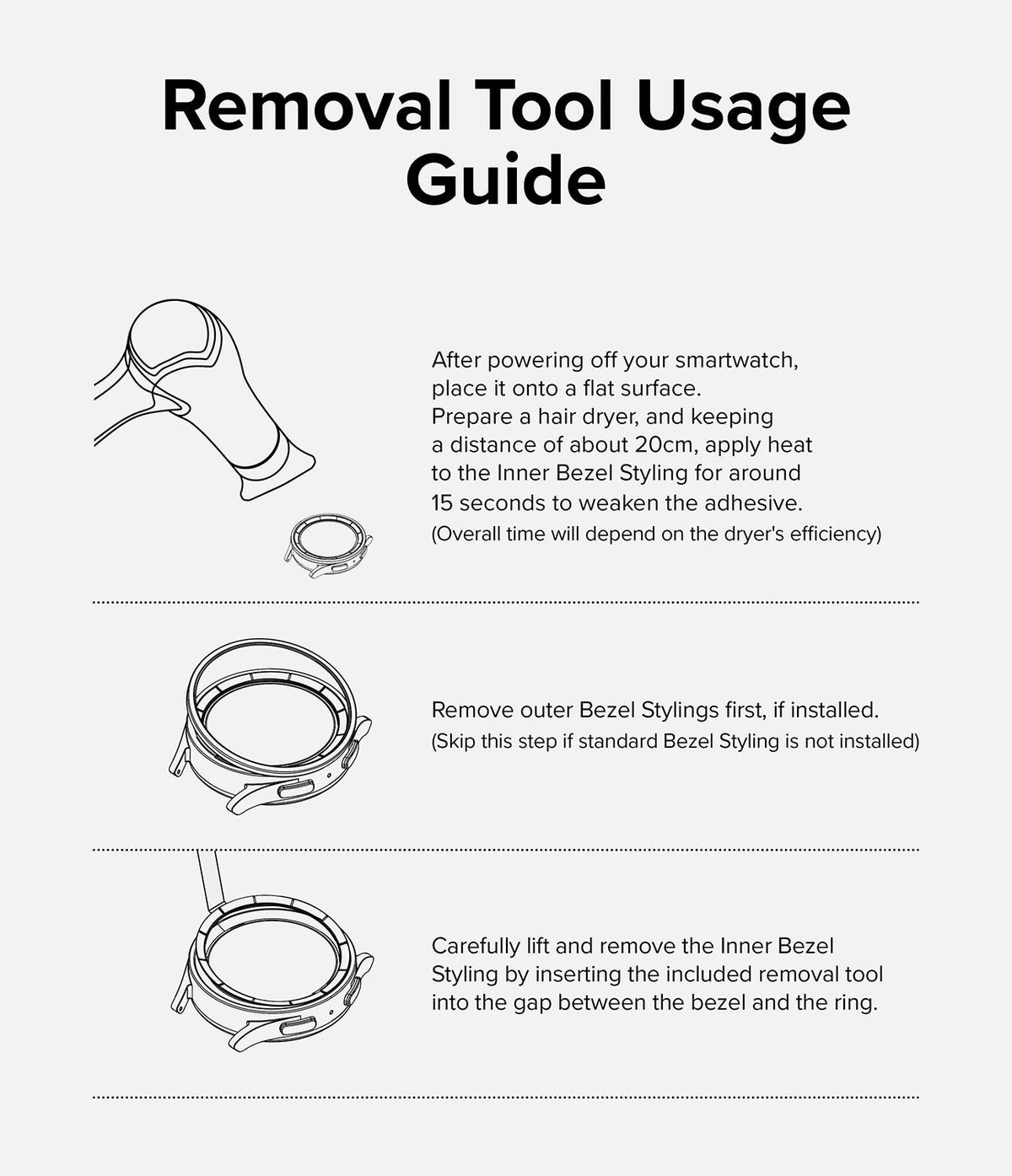 Galaxy Watch 6 Classic 47mm | Inner Bezel Styling - Three-step diagram showing how to remove bezel styling using heat.