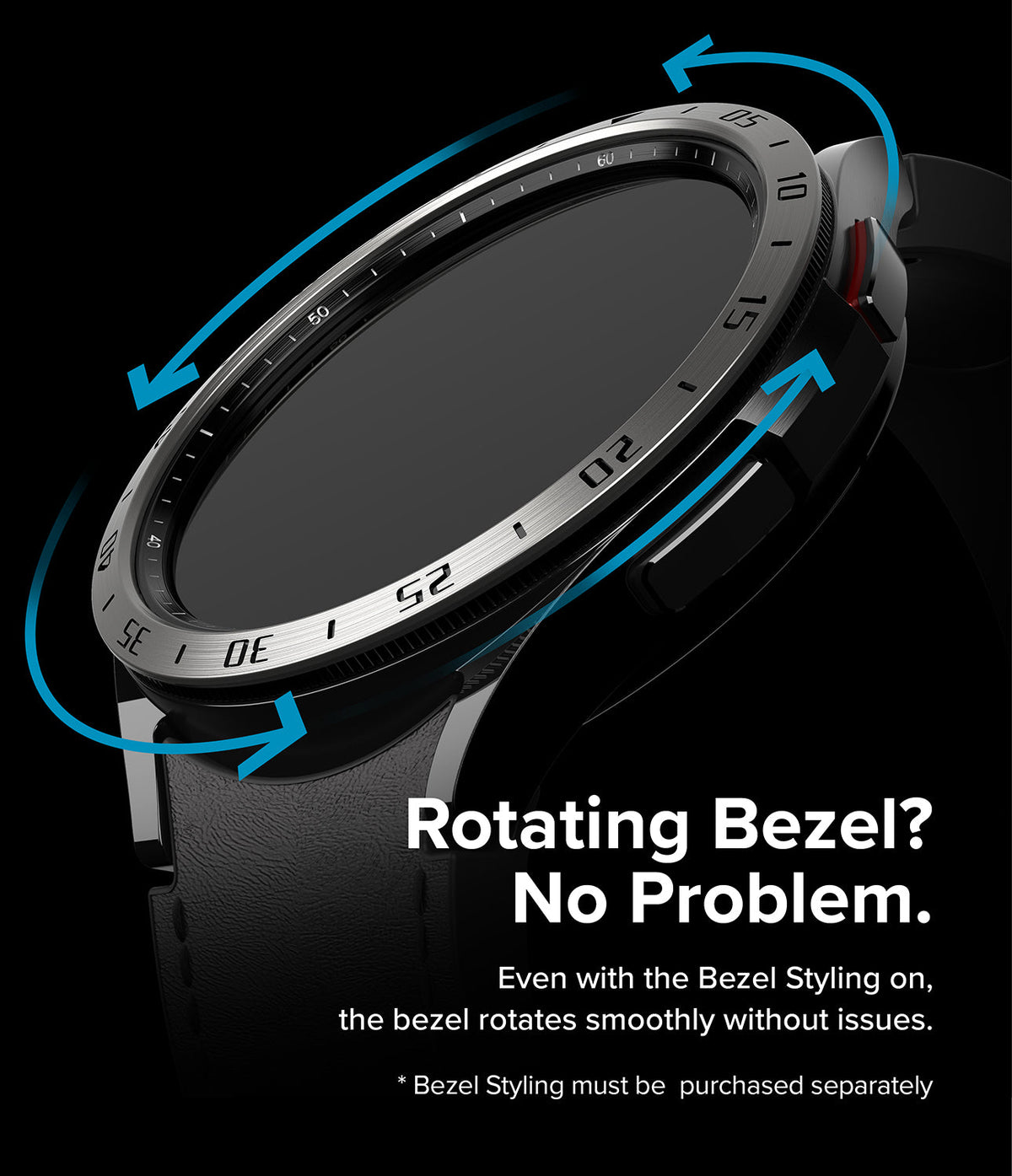 Galaxy Watch 6 Classic 47mm | Inner Bezel Styling - Silver metal bezel ring on a black smartwatch with blue rotation arrows.