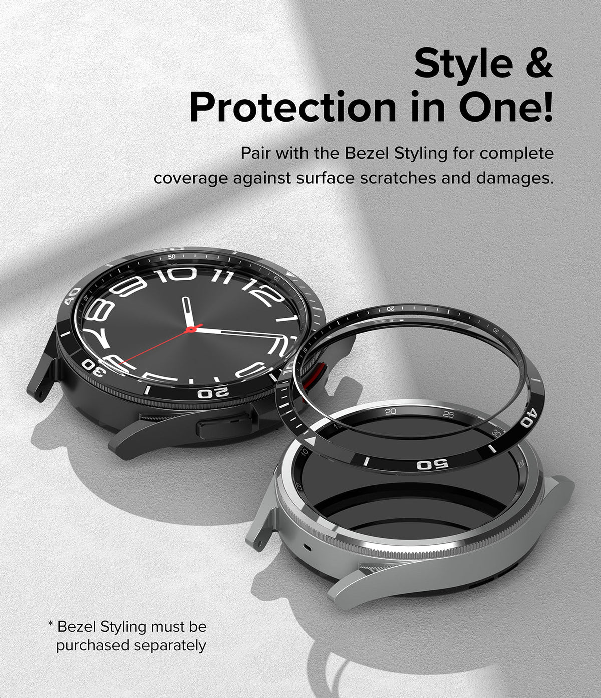 Galaxy Watch 6 Classic 47mm | Inner Bezel Styling - A black bezel ring hovering above a silver smartwatch case.