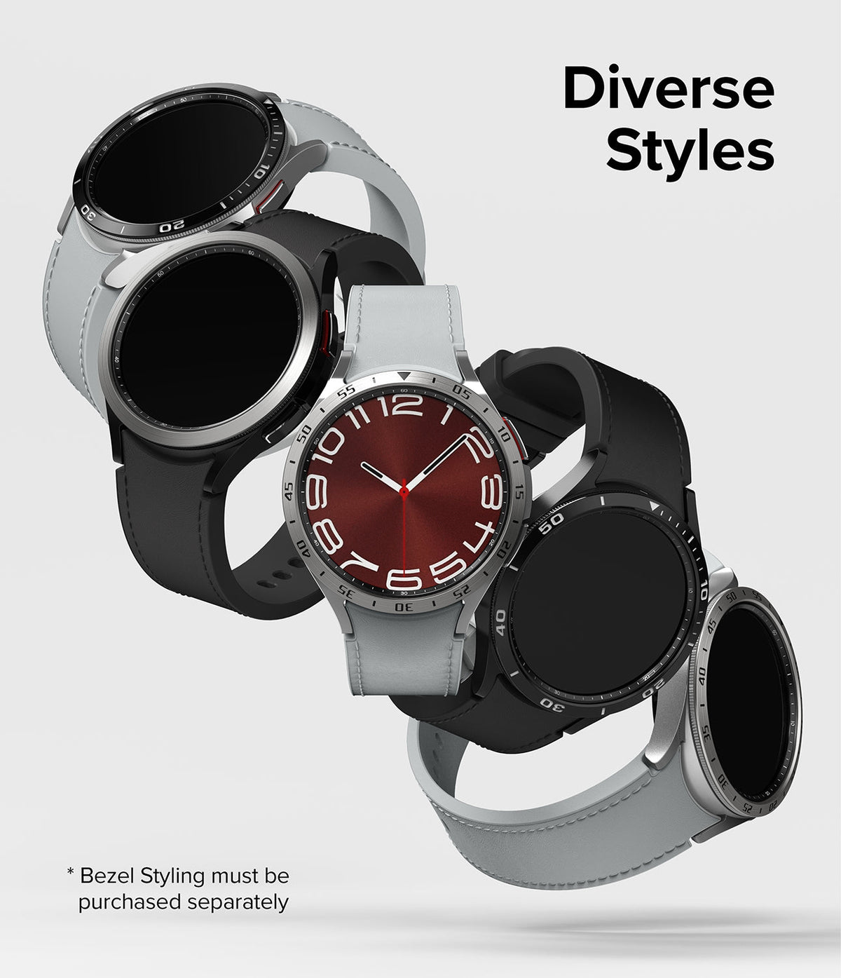 Galaxy Watch 6 Classic 47mm | Inner Bezel Styling - Four Galaxy Watch 6 Classic models with various bezel and strap styles.