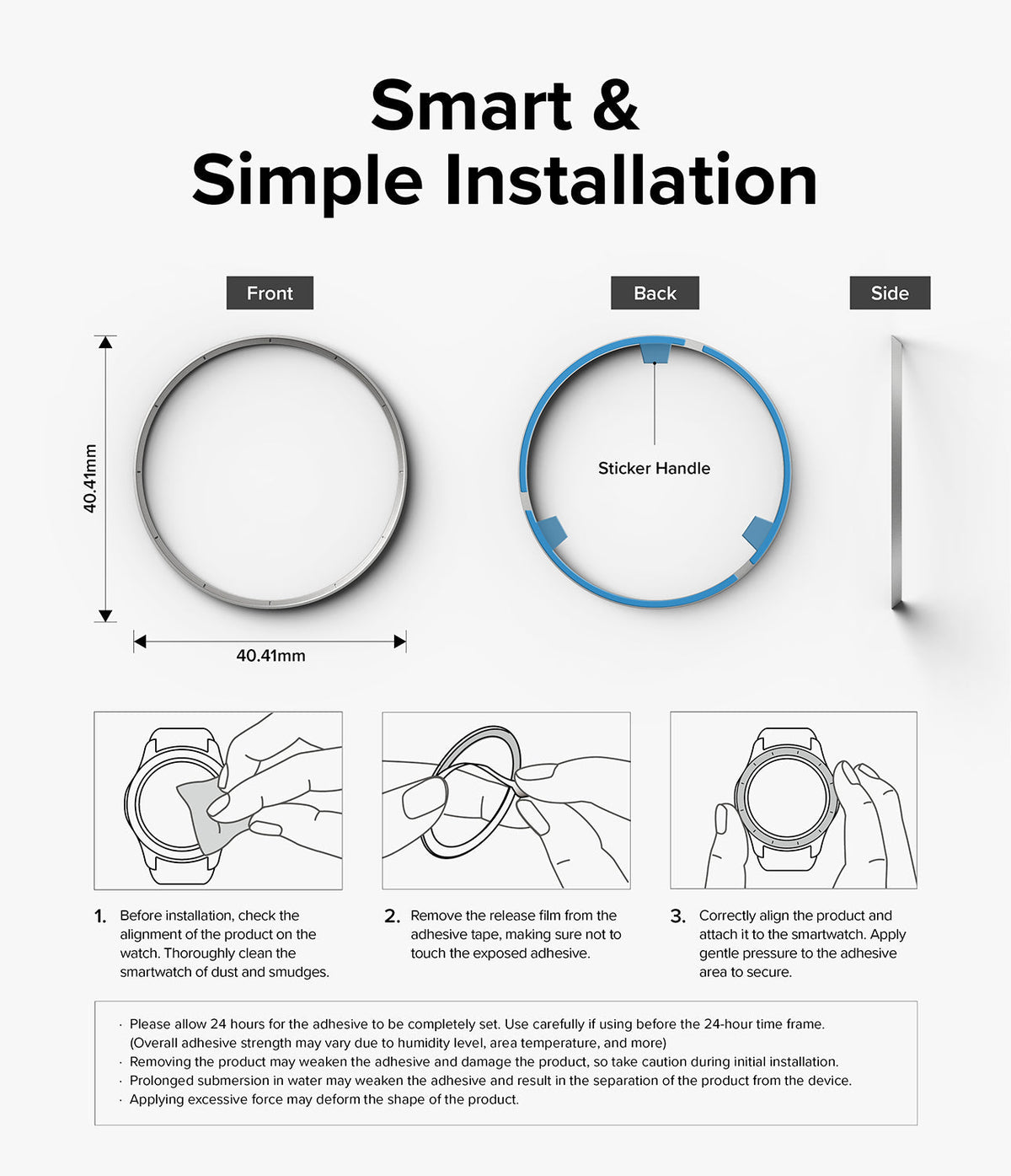 Galaxy Watch 6 Classic 47mm | Inner Bezel Styling - Installation guide showing bezel dimensions and three-step process.