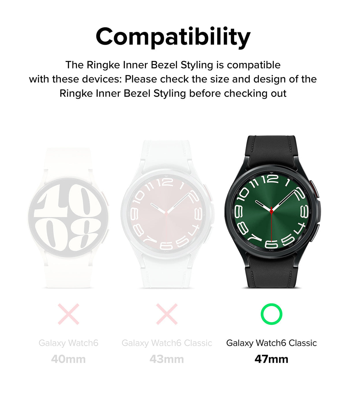 Galaxy Watch 6 Classic 47mm | Inner Bezel Styling - Compatibility chart showing the 47mm model as the only supported watch.