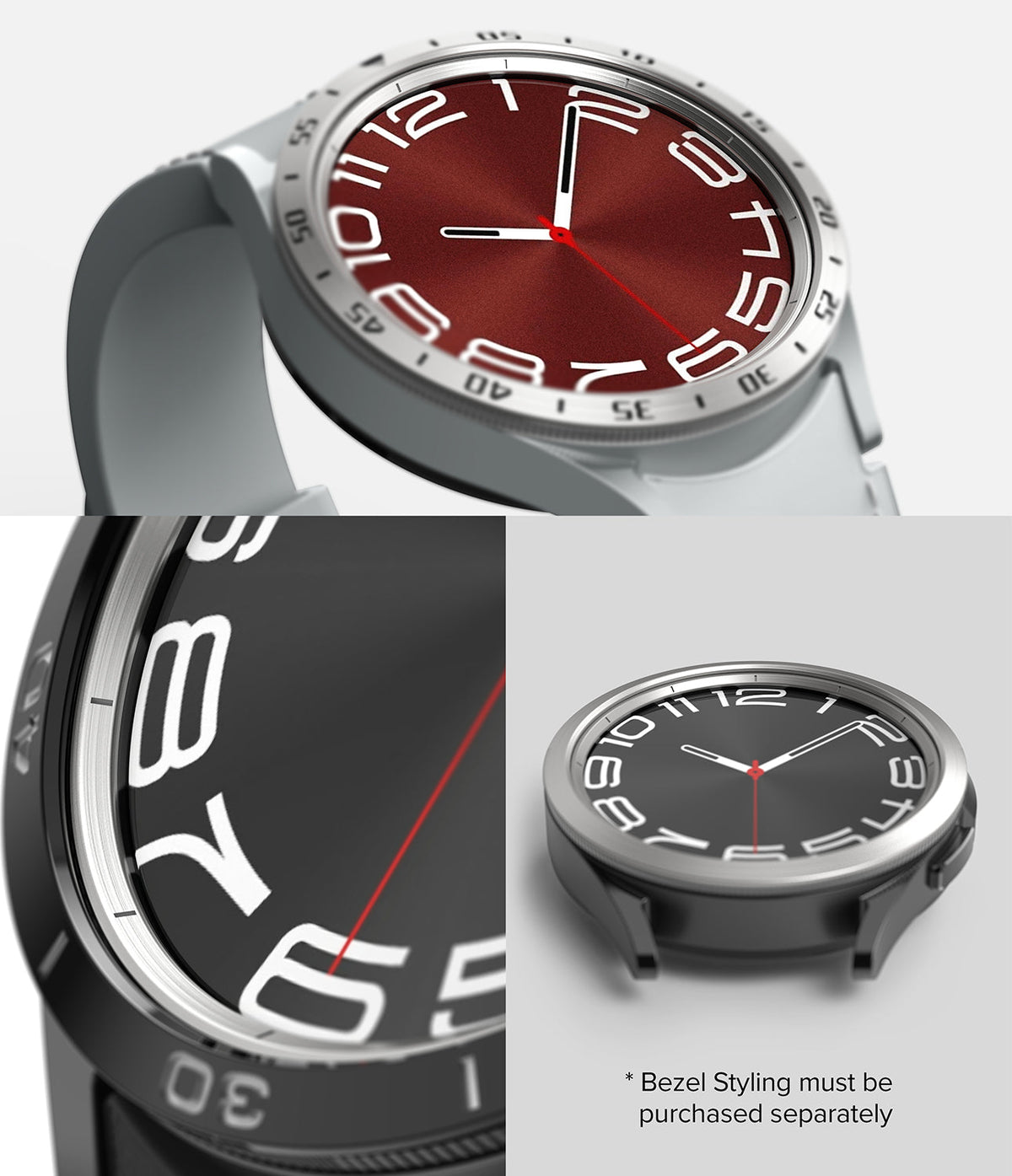 Galaxy Watch 6 Classic 47mm | Inner Bezel Styling - Close-up views of metallic inner bezel rings on smartwatches.